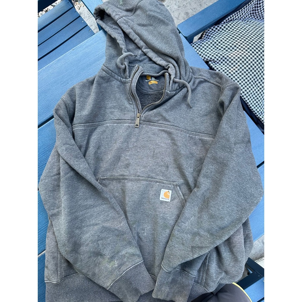 STAINED Carhartt Mens Original Fit Quarter Zip Hoodie Charcoal  Sweatshirt 2XL